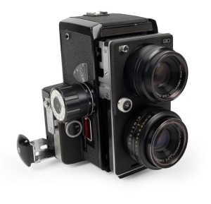 KONICA: Circa 1969 Koni Omegaflex M twin lens non-reflex camera [#70243E] with Hexanon 90mm f3.5 lenses [#260248 & #260188].