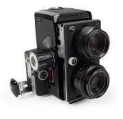 KONICA: Circa 1969 Koni Omegaflex M&nbsp;twin lens non-reflex camera [#70243E] with Hexanon&nbsp;90mm f3.5 lenses [#260248 & #260188].