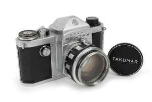 ASAHI KOGAKU: 1958 Asahi Pentax K SLR camera [#177996], with Auto-Takumar 55mm f1.8 lens [#173717], lens filter, and metal front lens cap.