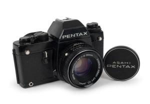 ASAHI KOGAKU: 1980 black-body Pentax LX SLR camera [#5319126], with Pentax-M 50mm f2 lens [#5789943] and metal front lens cap. This model was launched in 1980 to celebrate the company's 60th anniversary.