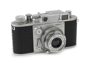 MINOLTA: Minolta 35 Model-E Leica-copy rangefinder camera [#15224], circa 1951, with Super Rokkor 45mm f2.8 lens [#17546]. 'Made in Occupied Japan' engraved on camera base.
