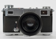 ZEISS IKON: Contax II 543/24 rangefinder camera [#F.74836], circa 1938, with Sonnar 50mm f2 lens [#2230027] and metal lens hood. - 2