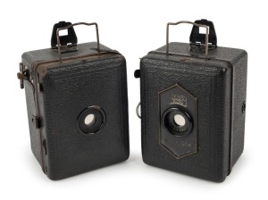 ZEISS IKON: Two Baby-Box 54/18 127 film cameras - one circa 1930 model with leather front, and one circa 1934 model with metal front. (2 cameras)