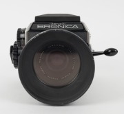 BRONICA: Bronica EC SLR camera [#CB302035], circa 1972, with Nikkor-P C 75mm f2.8 lens [#60900], together with Bronica quick-focus lever and Fotar 1A 67mm metal lens hood attachments. - 4