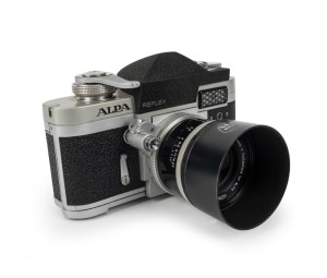 ALPA: Alpa Reflex 6c SLR camera [#43568], circa 1960, with Kern-Macro-Switar 50mm f1.8 lens [#934465] and Alpa Reflex metal lens hood.