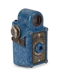 CORONET: Rare blue-body Midget subminiature Bakelite box camera, circa 1937, with Taylor Hobson Meniscus lens.