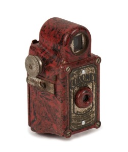 CORONET: Red-body Midget subminiature Bakelite box camera, circa 1935, with Taylor Hobson Meniscus lens, together with leather maker's pouch.