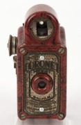 CORONET: Red-body Midget subminiature Bakelite box camera, circa 1935, with Taylor Hobson Meniscus lens, together with leather maker's pouch. - 2