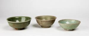 Three Longquan celadon bowls, Yuan Dynasty, 14th century, 16cm, 14.5 and 14cm diameter