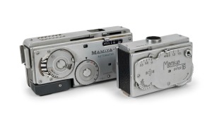 MAMIYA: Two subminiature cameras - one circa 1951 type 1 Mamiya Super-16, and one Mamiya-16 Automatic [#2495989], circa 1959, with Mamiya-Sekor 25mm f2.8 lens together with leather case and instruction booklet. (2 cameras)