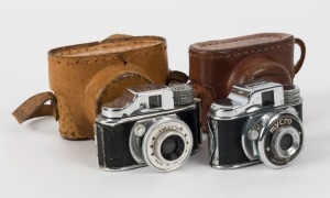 VARIOUS MANUFACTURERS: Two subminiature cameras in original leather cases with wrist straps - one circa 1947 Sanwa Mycro I, and one circa 1950s Tougodo Toyoca 'Hit' camera. (2 cameras)