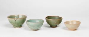 Four celadon glazed tea bowls, Yuan Dynasty, 14th century, 8cm to 9.6cm diameter
