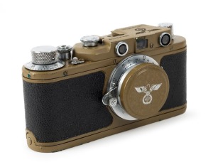 UNKNOWN: Mid-to-late 20th-century Leica II (D) forgery featuring chrome fittings and German air force markings, together with lens cap and leather case.