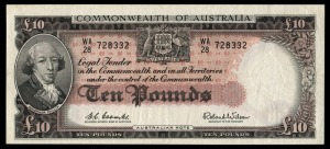 TEN POUNDS, (R.63F) Coombs/Wilson, Reserve Bank (1960) WA/28 728332 first serial prefix. Uncirculated and rare.