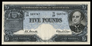 FIVE POUNDS, (R.50) Coombs/Wilson, Reserve Bank (1960) TC/09 569747. Uncirculated.