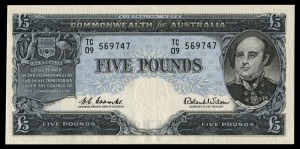 FIVE POUNDS, (R.50) Coombs/Wilson, Reserve Bank (1960) TC/09 569747. Uncirculated.