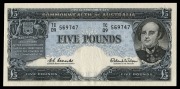 FIVE POUNDS,&nbsp;(R.50) Coombs/Wilson, Reserve Bank (1960) TC/09 569747.&nbsp;Uncirculated.