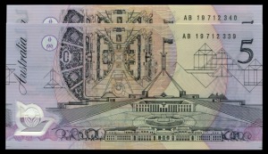 FIVE DOLLARS, Fraser/Cole (1992) Last Prefix AB19712339/40 (R.214L) consecutive pair of notes. Uncirculated. (2).