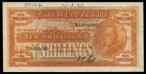 BANK OF NEW ZEALAND, uniform issue TEN SHILLINGS, Wellington, (1st day of October 1926), discordant serial numbers No.A500,001 - No.A1,000,000, printed both sides, officially perforated 'CANCELLED', dated '17.3.27 in ink at at top margin alongside 0/11554