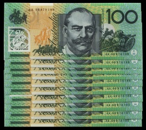 ONE HUNDRED DOLLARS, Fraser/Evans (1996) (R.616F) First Polymer & First Prefix AA9879180/189, consecutive run of banknotes, (10) Uncirculated.