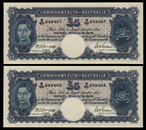 FIVE POUNDS, (R.46) Armitage/McFarlane, (1941), a consecutive pair R/69 899467 - R/69 899468, Uncirculated. (2).