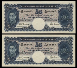 FIVE POUNDS, (R.46) Armitage/McFarlane, (1941), a consecutive pair R/69 899467 - R/69 899468, Uncirculated. (2).