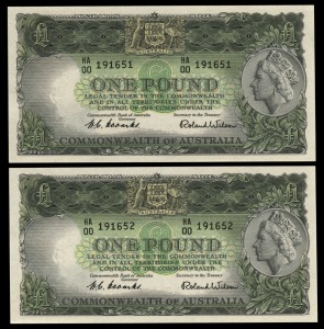 ONE POUND, (R.33) Coombs/Wilson, Commonwealth Bank (1953) HA/00 191651 - 652 a consecutive pair of First Prefix Notes, Uncirculated. (2).