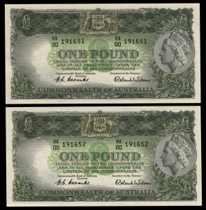 ONE POUND, (R.33) Coombs/Wilson, Commonwealth Bank (1953) HA/00 191651 - 652 a consecutive pair of First Prefix Notes, Uncirculated. (2).