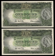 ONE POUND,&nbsp;(R.33) Coombs/Wilson, Commonwealth Bank (1953) HA/00 191651 - 652 a consecutive pair of First Prefix Notes,&nbsp;Uncirculated. (2).