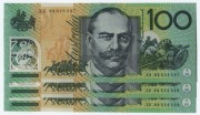 ONE HUNDRED DOLLARS, Macfarlane/Evans (1999) (R.618b)&nbsp; EK99 029597/599, consecutive run of banknotes, (3) Uncirculated.