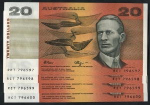 TWENTY DOLLARS, Fraser/Higgins (1989) (R.412). RCT796597/600 run of consecutive notes. Uncirculated. (4).