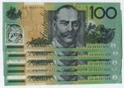 ONE HUNDRED DOLLARS, Macfarlane/Evans (1999) (R.618b)&nbsp; CH99 357221/225, consecutive run of banknotes, (5) Uncirculated.
