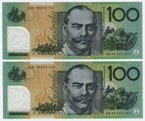 ONE HUNDRED DOLLARS, Stevens/Henry (2008) (R.621a) AM08 699191/192, consecutive pair of banknotes, (2) Uncirculated.