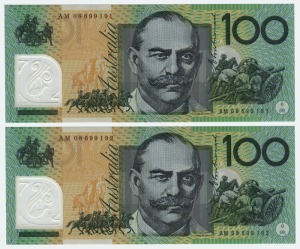 ONE HUNDRED DOLLARS, Stevens/Henry (2008) (R.621a)  AM08 699191/192, consecutive pair of banknotes, (2) Uncirculated.