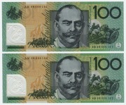 ONE HUNDRED DOLLARS, Stevens/Henry (2008) (R.621a)&nbsp; AM08 699191/192, consecutive pair of banknotes, (2) Uncirculated.