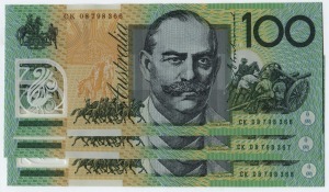 ONE HUNDRED DOLLARS, Stevens/Henry (2008) (R.621a) CK08 798366/368, consecutive run of banknotes, (3) Uncirculated.