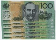 ONE HUNDRED DOLLARS, Stevens/Henry (2008) (R.621a)&nbsp; BM08 282839/844, consecutive run of banknotes, (6) Uncirculated.