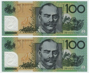 ONE HUNDRED DOLLARS, Stevens/Henry (2010) (R.621b)  BM10 533692/693, consecutive pair of banknotes, (2) Uncirculated.