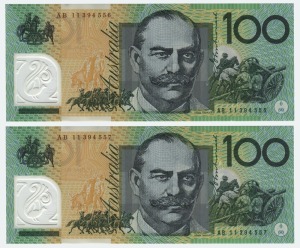 ONE HUNDRED DOLLARS, Stevens/Henry (2011) (R.621ca) AB11 394556/557, consecutive pair of banknotes, (2) Uncirculated.