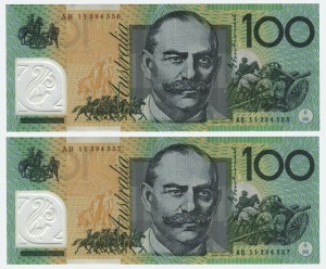 ONE HUNDRED DOLLARS, Stevens/Henry (2011) (R.621ca)  AB11 394556/557, consecutive pair of banknotes, (2) Uncirculated.