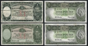 ONE POUND - THREE REIGNS group, comprising of 1933 (.R28) Riddle/Sheehan; 1942 (R.30b) Sheehan/McFarlane (light green); two 1961 (R.34b) Coombs/Wilson (emerald backs; one with tone spots), (total: 4); F-EF.