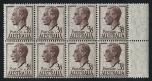 1951-52 (SG.247) 3½d Brown-purple KGVI definitive, R marginal block (8) on THIN PAPER; BW.253a. MUH.