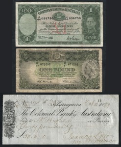 ONE POUND, 1942 (R.30) Armitage/McFarlane, F; 1953 (R.33) Coombs/Wilson, Commonwealth Bank, G; plus an 1889 cheque drawn on the Birregurra branch of the Colonial Bank of Australasia by the Isaacs Brothers, Drapers and Dressmakers. (3 items).