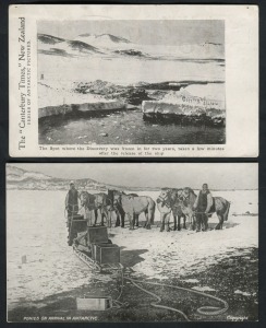 ANTARCTIC EXPEDITION POSTCARDS: 1904 Canterbury Times "The Spot where the Discovery was frozen...." (blue text verso); and 1907-9 Shackleton Expedition "Ponies on arrival in Antarctic"; both superb Unused condition. (2).