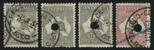 Kangaroos - Third Watermark: TELEGRAPH PUNCTURES: £2 additionally with crayon mark cancellation and three x £1 Greys (one repaired). (4).