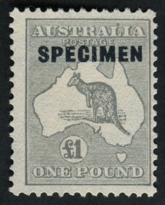 Kangaroos - CofA Watermark: £1 Grey, SPECIMEN overprint, the stamp with R25 variety "Flaw above L in AUSTRALIA", no gum.