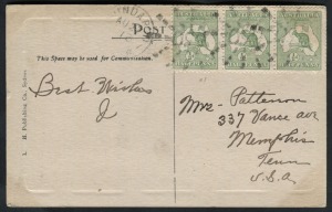 Kangaroos - First Watermark: 27 August 1913 usage of ½d Green, strip of 3 attractively tied on a RP postcard ("Suspension Bridge, North Sydney"), by multiple "650"' star postmarks of GUNARDOO, NSW, with cds alongside; addressed to USA.