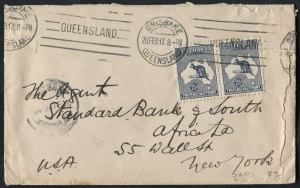 Kangaroos - Third Watermark: 26 Feb.1917 use of 2½d Indigo, horizontal pair, attractively tied on double-rate cover from Brisbane to USA.