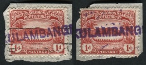 SOLOMON ISLANDS: POSTAL HISTORY: 1908 1d small canoe (SG.8), two examples on piece, each cancelled by large part violet straight-line "S.S.KULAMBANGRA" ship handstamp. (2)
