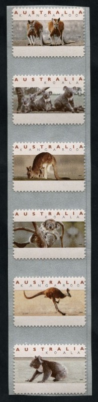 1994 45c counter-printed Kangaroos & Koalas, strip of six on backing paper, all units with variety "denomination and literal omitted", (6) MUH. BW:1827ca.